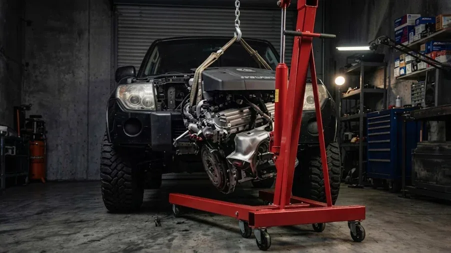 Engine removed on a hoist during a major repair at JASRAUTO Sharjah