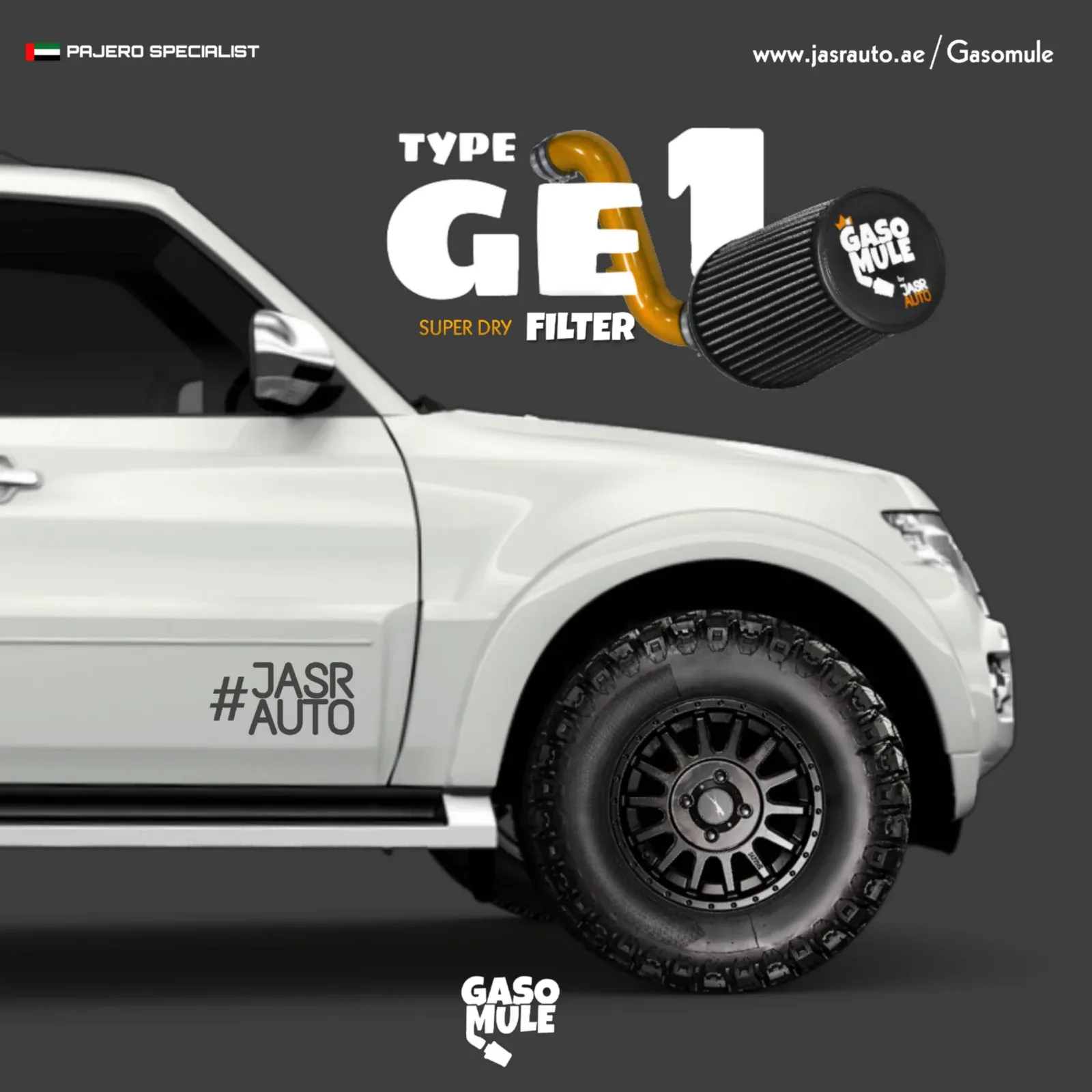 White Mitsubishi Pajero with GASOMULE GE1 air filter branding